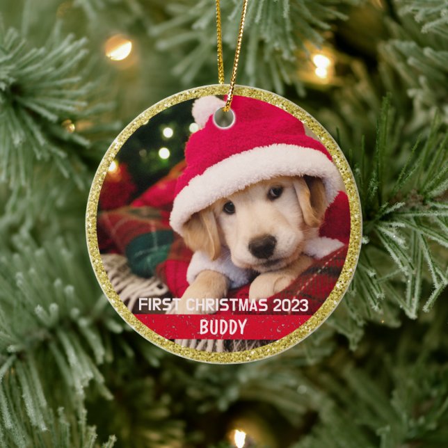 Första julen Valp Hund Minnessak Foto Ornament (Träd)