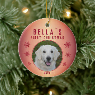 Första julens metalliska röda snöflingor, marionet julgransprydnad keramik