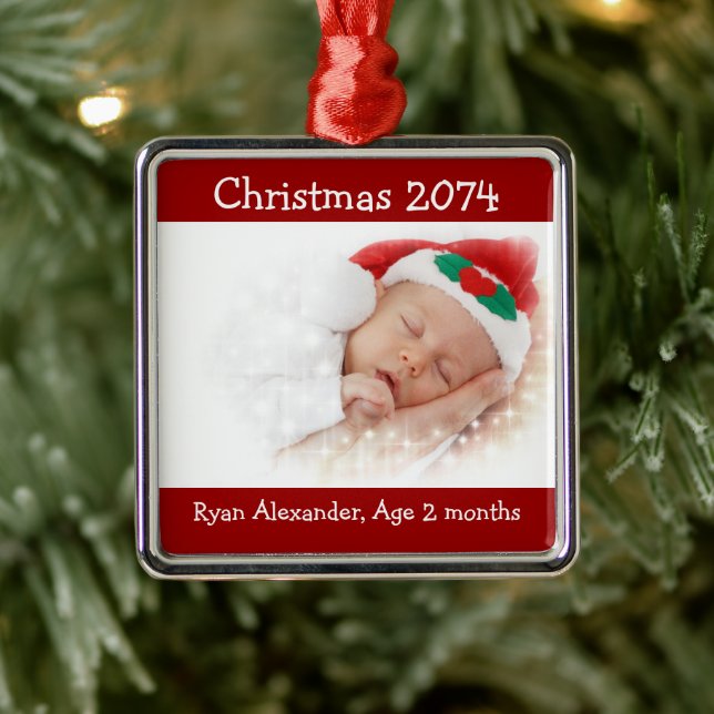 Första julens rött och vitt foto Ornament (Träd)