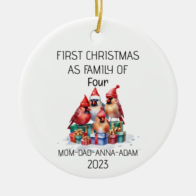 Första julfamiljen med fyra kardinalfåglar julgransprydnad keramik (Framsidan)