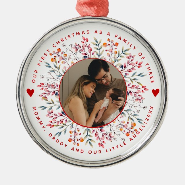 Första julfamiljen med tre bär på gräns-foto julgransprydnad metall (Framsidan)