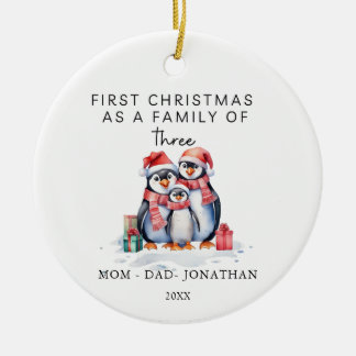 Första julfamiljen med tre penguins julgransprydnad keramik