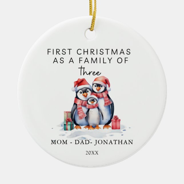 Första julfamiljen med tre penguins julgransprydnad keramik (Framsidan)