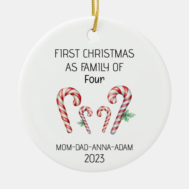 Första julfamiljen på fyra Polkagrisar Julgransprydnad Keramik (Framsidan)