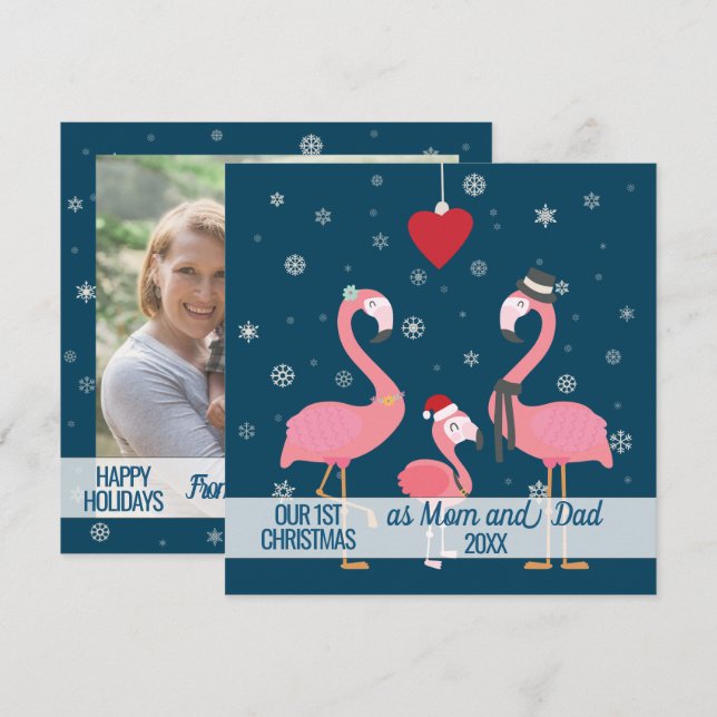 första julföräldrars fotoflamingo snöflingor kort (Fram/baksida)