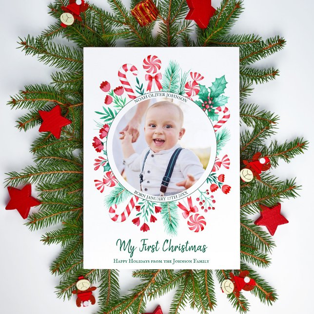 Första julfotnoten Baby Keepsaké Julfoto Julkort (First Christmas Baby Keepsake Christmas Holiday Card)