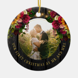 Första julfotot Mr. och Mrs. blommigt Rustic Julgransprydnad Keramik