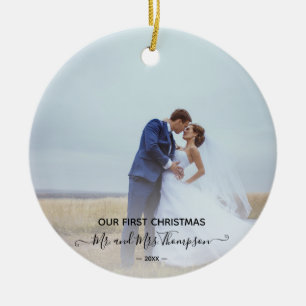 Första julfotot Namnteckning skript Newlyweds O Julgransprydnad Keramik