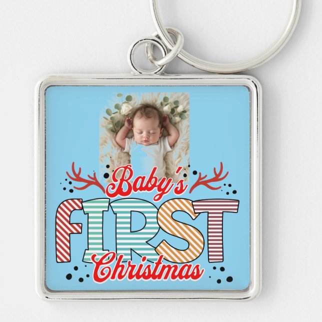 Första julfotot Röd/Blå personlig Fyrkantig Silverfärgad Nyckelring (Framsidan)