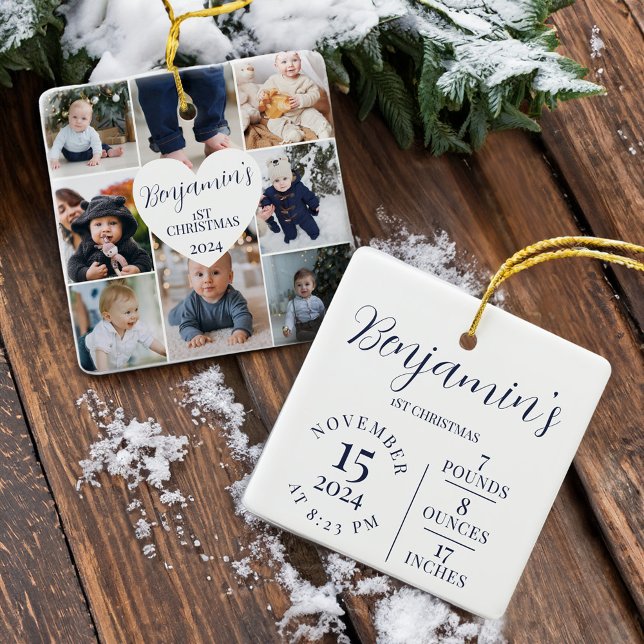 Första julfotoutgalleriet Birtud Stats Keepsaké Julgransprydnad Keramik (First Christmas Photo Gallery Birth Stats Keepsake Ceramic Ornament)