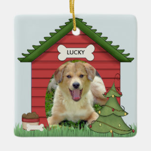 Första julhuset Hund Foto Namn och år Julgransprydnad Keramik