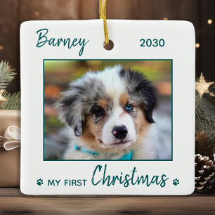 Första julklappen - Grönt Hund Pet Photo Julgransprydnad Keramik