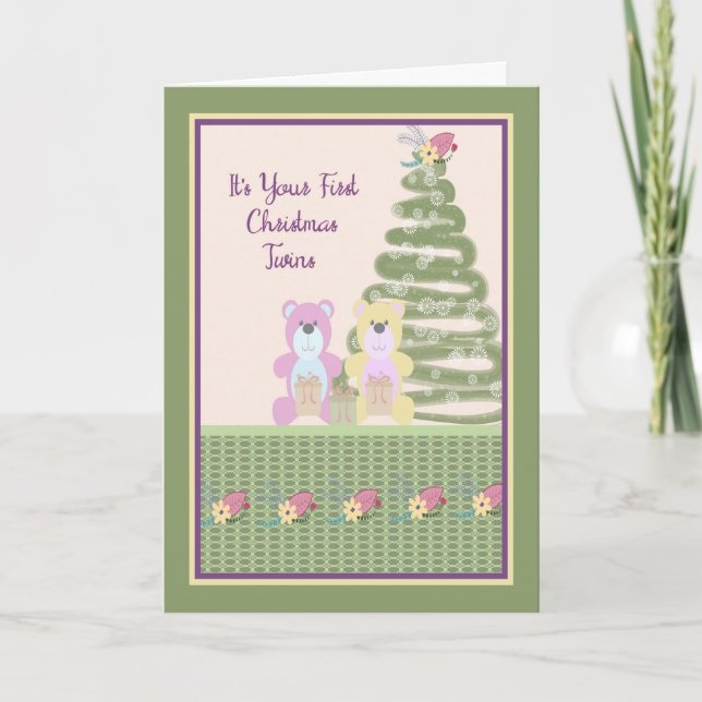 Första julkortet för tvillingar med två leksaksbjö helgkort (Framsida)