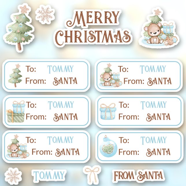 Första julmärkena i Namn - blå etiketter (1st Christmas Name Blue Labels Kiss Cut Stickers)