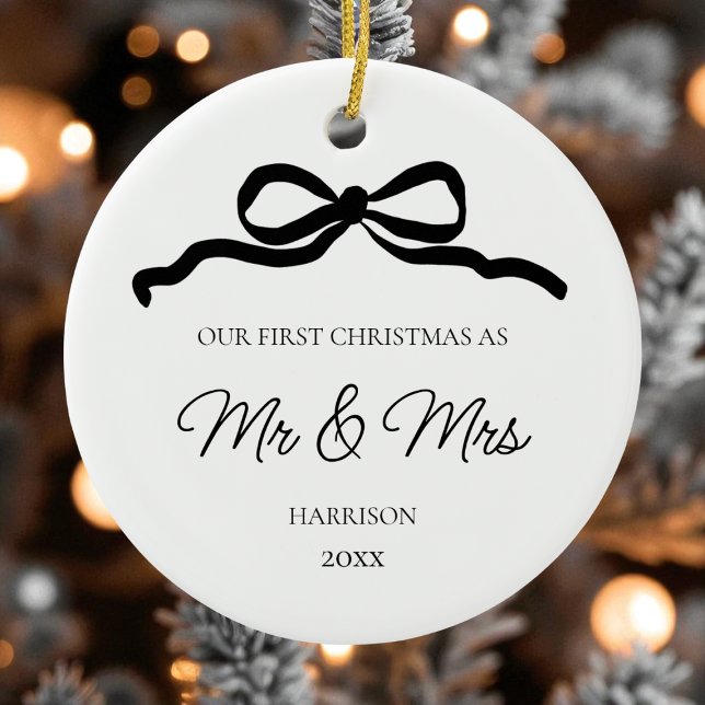 Första julmodern Foto Newlyed Mr. och Mrs. Julgransprydnad Keramik (First Christmas Modern Photo Newlywed Mr and Mrs Ceramic Ornament)