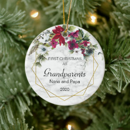 Första julmorföräldrar Poinsettia Gräs Foto Julgransprydnad Keramik