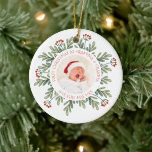 Första julmormor Grandpa Photo Namn Löv Julgransprydnad Keramik