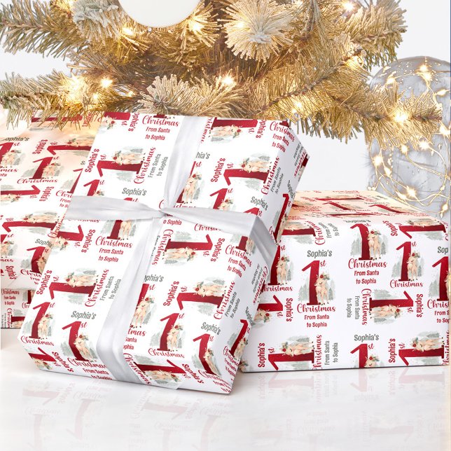 Första julnummer 1, Hjort Namn Flicka Presentpapper (1st Christmas Deer Name Baby Girl Red Number One Wrapping Paper)
