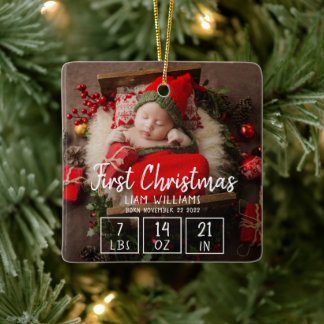 Första julnyfödseln i baby är ett foto julgransprydnad keramik