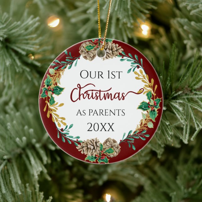 Första julparen Holly Gräs Cone Löv Photo Julgransprydnad Keramik (Träd)