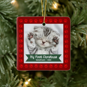 Första julparet Kitten Photo Tassar Red Anpassning Julgransprydnad Keramik