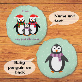 Första julpenguins anpassningsbar dubbla-sidig tex rund kudde