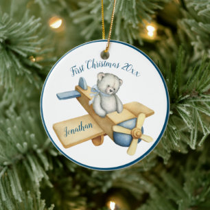 Första julpojken Blue Watercolor Bear Namn Datum Julgransprydnad Keramik