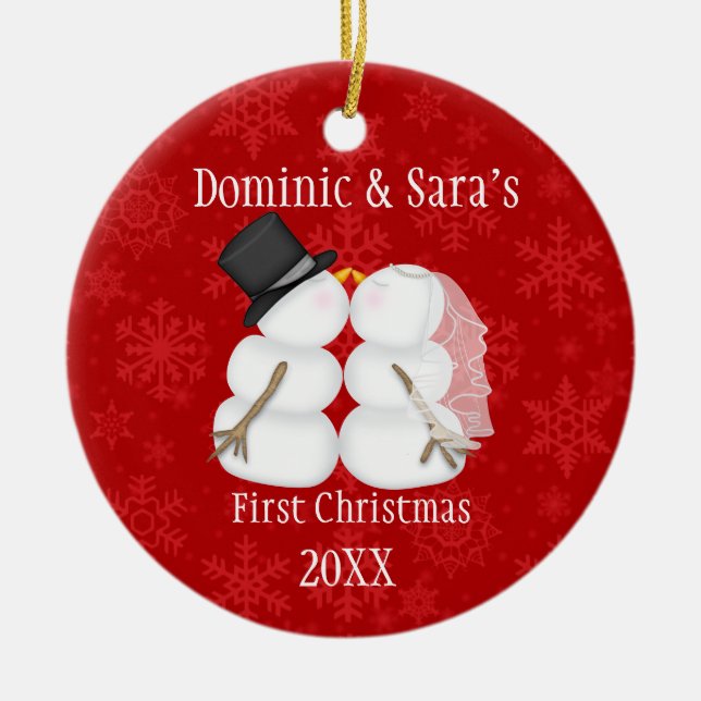 Första julprydnad för gullig kyssande snögubbe julgransprydnad keramik (Framsidan)