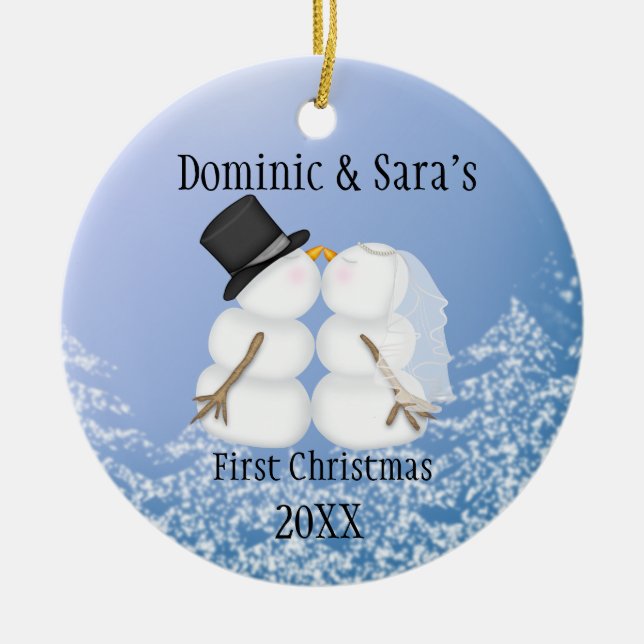 Första julprydnad för gullig kyssande snögubbe julgransprydnad keramik (Framsidan)