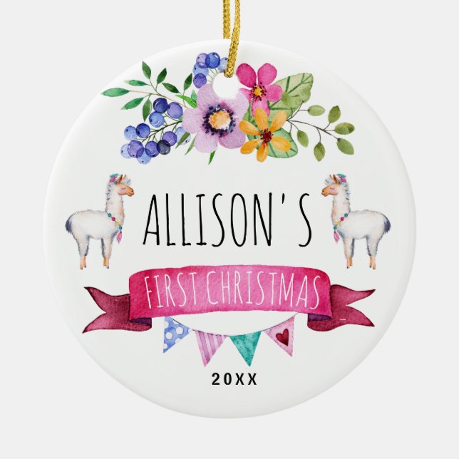 Första julprydnad för gullig nyckfull Llama Julgransprydnad Keramik (Framsidan)