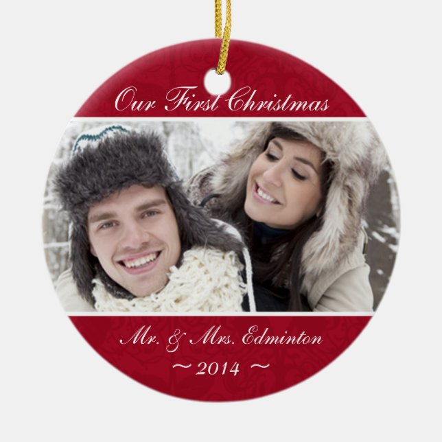 Första julprydnad för röd nygift person julgransprydnad keramik (Framsidan)