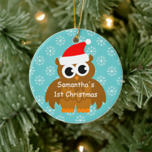 Första julprydnad med den bebissanta ugglan julgransprydnad keramik