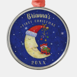 Första julSanta måne med babyMonogramnamn Julgransprydnad Metall