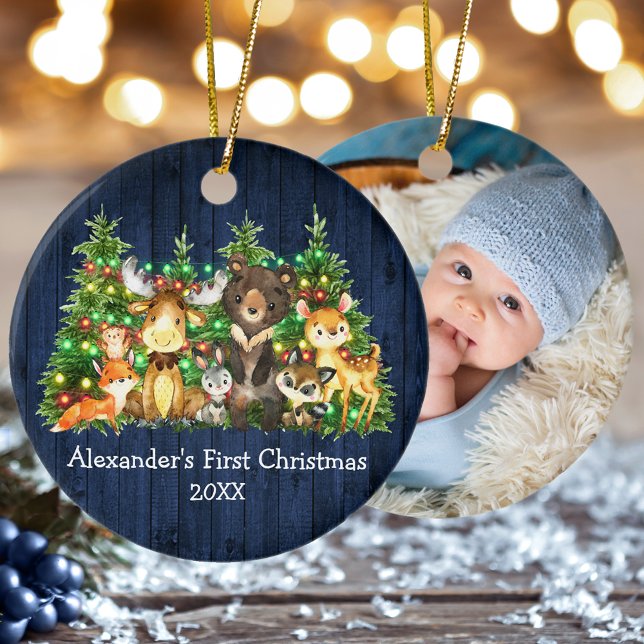 Första julskogen Animals Ljus Blue PHOTO Julgransprydnad Keramik (Customize with name, year and photo on back.)