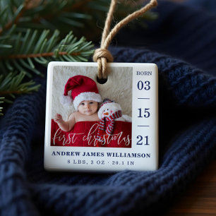 Första julskript Baby födelsetal och foto Julgransprydnad Keramik