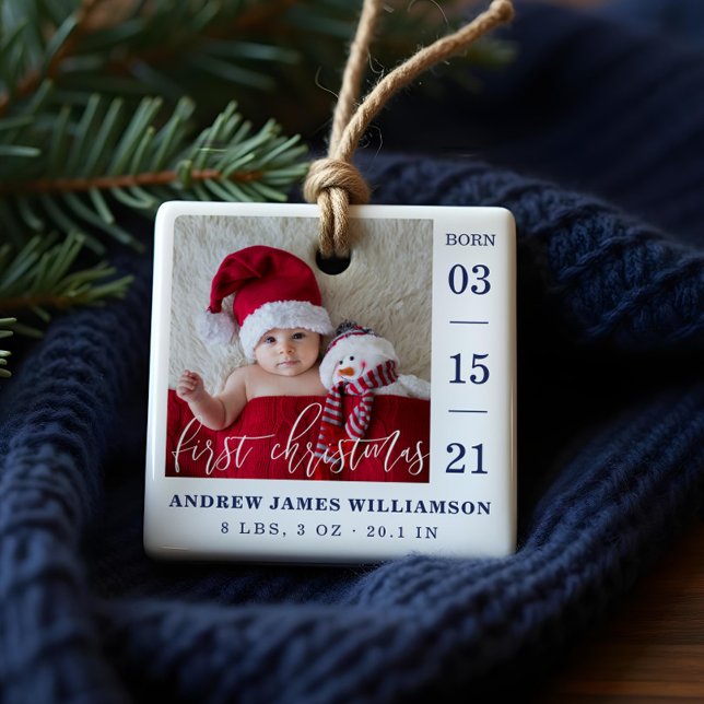 Första julskript Baby födelsetal och foto Julgransprydnad Keramik (First Christmas Script Baby Birth Stats & Photo Ceramic Ornament)