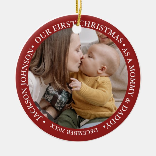 Första julskript Baby födelsetal och foto Julgransprydnad Keramik (Framsidan)