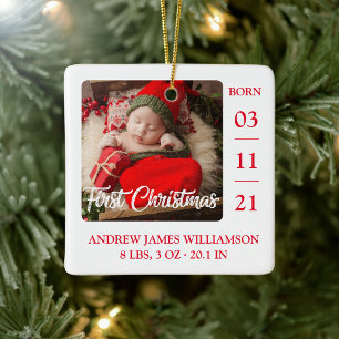 Första julskript Baby födelsetal och fotokatyr Julgransprydnad Keramik