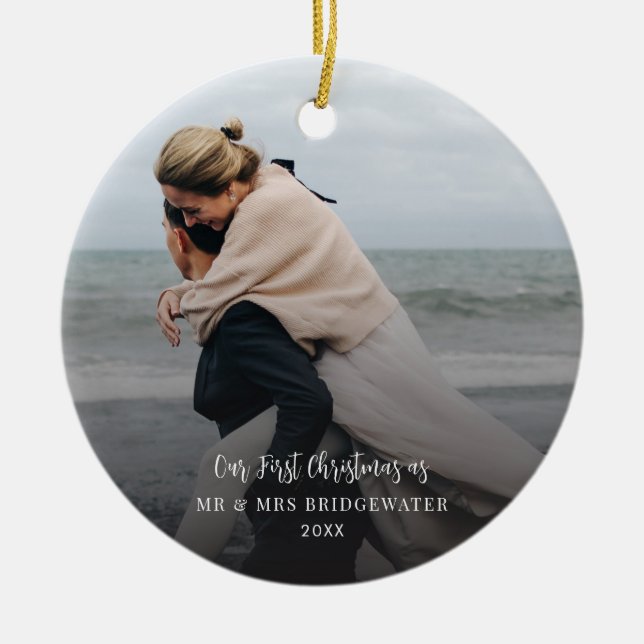 Första julskript Par Photo Minimalist Julgransprydnad Keramik (Framsidan)