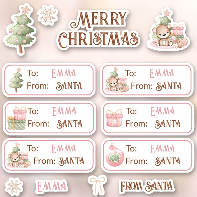 Första julstämman Namn Rosa etiketter Kiss cut Sti (1st Christmas Name Pink Labels Kiss Cut Stickers)