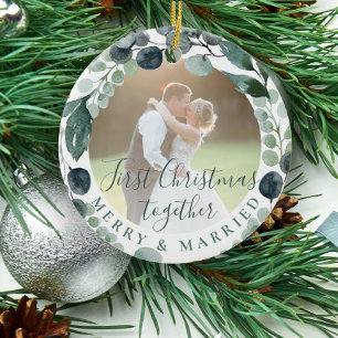 Första julstämningen och gifta par foto julgransprydnad keramik