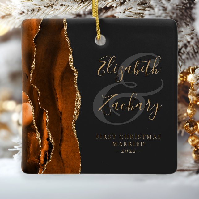Första jultomten: Bränd Orange Agate Guld Julgransprydnad Keramik (Skapare uppladdad)