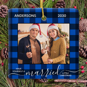 Första jultomten Gift blått Play Newlyed Photo Julgransprydnad Keramik
