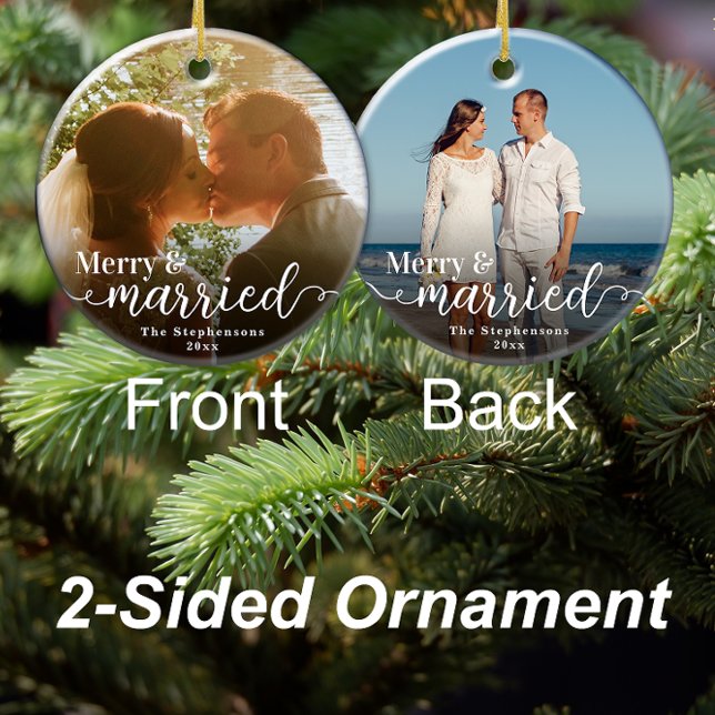 Första jultomten Gift Dubbla Sided Photo Julgransprydnad Keramik (merry and married double sided photo christmas ornament)