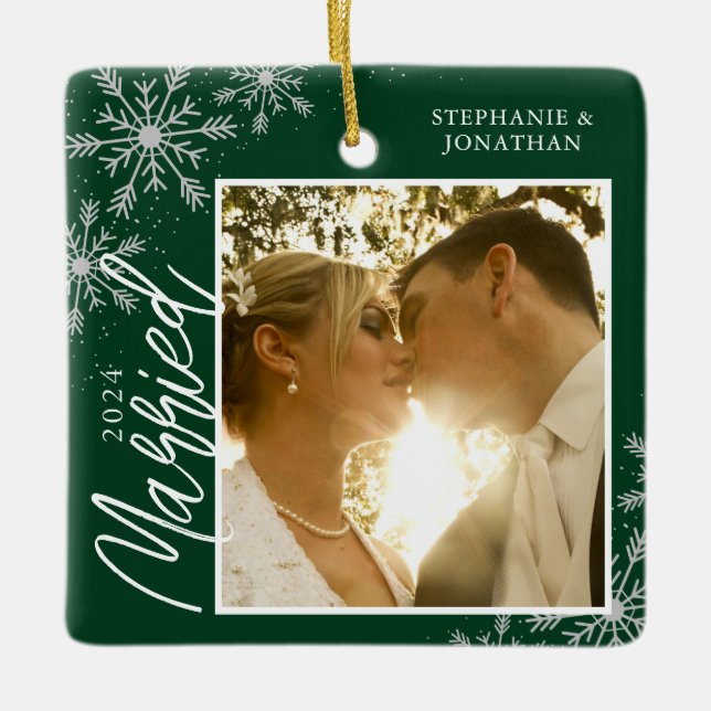 Första jultomten Gift Grönt Snöflingor Photo Julgransprydnad Keramik (Framsida)