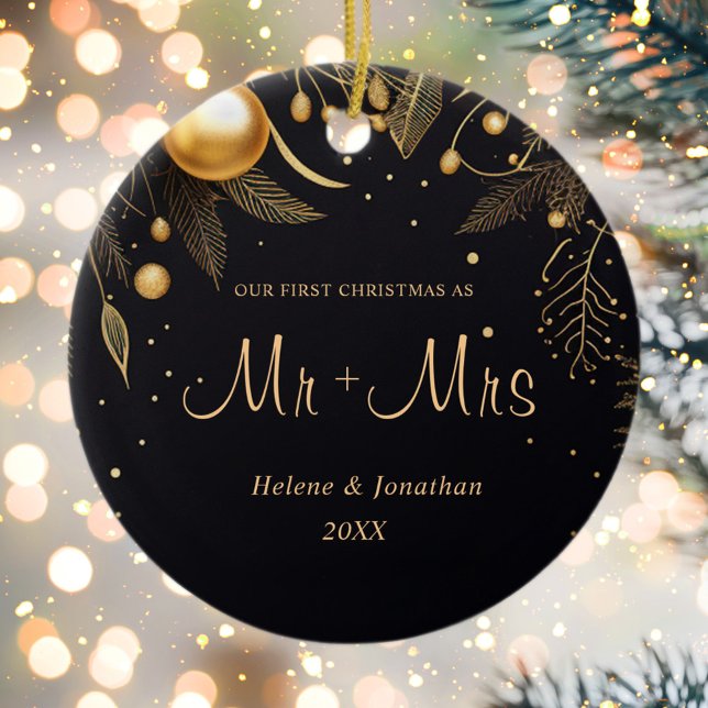 Första jultomten, gift modern Elegant par Julgransprydnad Keramik (First Christmas Married Modern Elegant Couple Ceramic Ornament)