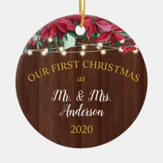 Första jultomten Gift Rustic Poinsettia Ljus Julgransprydnad Keramik (Framsidan)