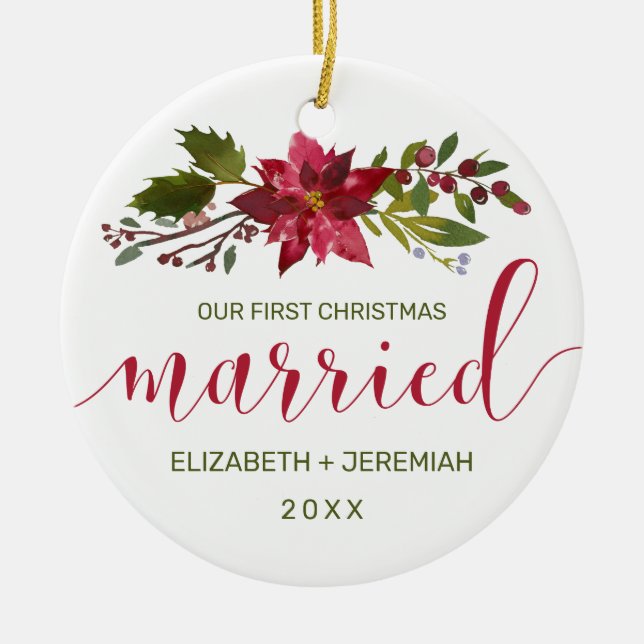 Första jultomten, gift vattenfärg Poinsettia Julgransprydnad Keramik (Framsidan)