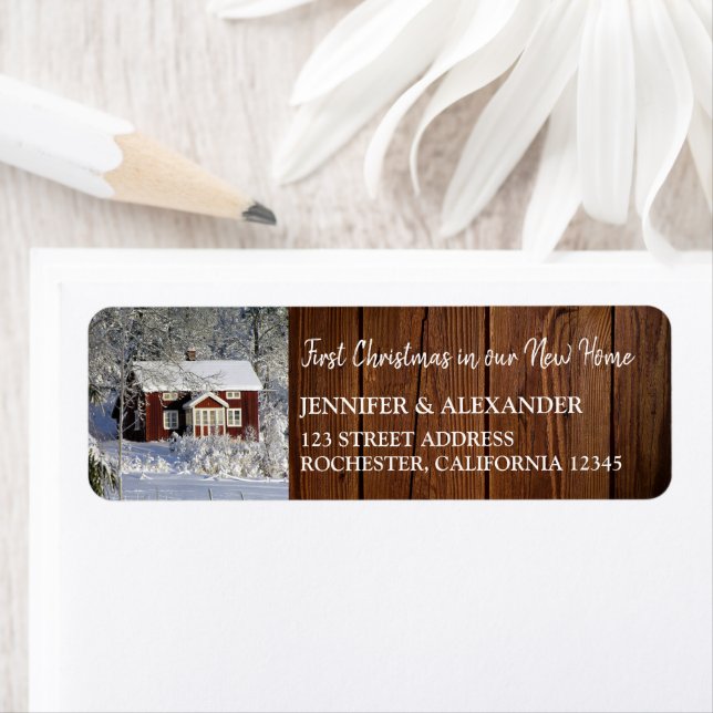 Första jultomten i nyproducerad rustik träfoto returadress etikett (Insitu)