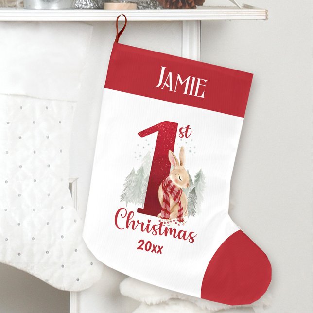 Första julvinter Bunny Baby Red Namn Stor Julstrumpa (First Christmas Winter Bunny Baby Red Name Large Christmas Stocking)